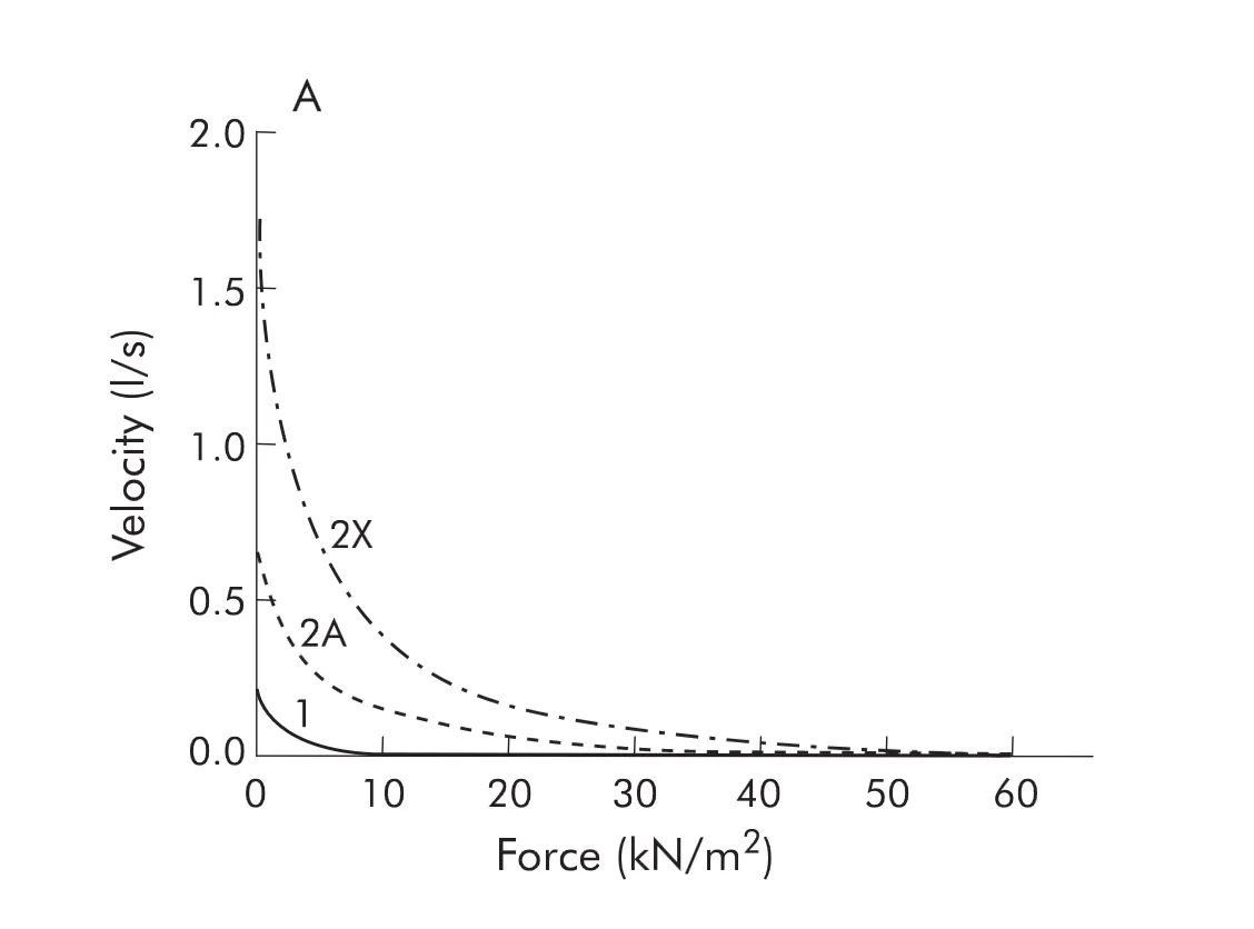 Line graph (Panel A) showing force-velocity relationships for three human skeletal muscle fiber types. The x-axis displays force in kilonewtons per square meter (0–65 kN/m²) and the y-axis displays shortening velocity in fiber lengths per second (0–2.0 l/s). Three hyperbolic curves are plotted: Type 1 (solid line) has the lowest maximum velocity (approximately 0.17 l/s at zero load) and the steepest decline, reaching near-zero velocity at relatively low forces (~5 kN/m²). Type 2A (dashed line) shows an intermediate maximum velocity (~0.6 l/s) and a more gradual force-velocity decline. Type 2X (dash-dot line) has the highest maximum velocity (~1.7 l/s) and the most gradual curve, maintaining measurable shortening velocity across the full range of forces shown. All three curves converge toward zero velocity at high forces, with Type 2X sustaining velocity furthest along the force axis.