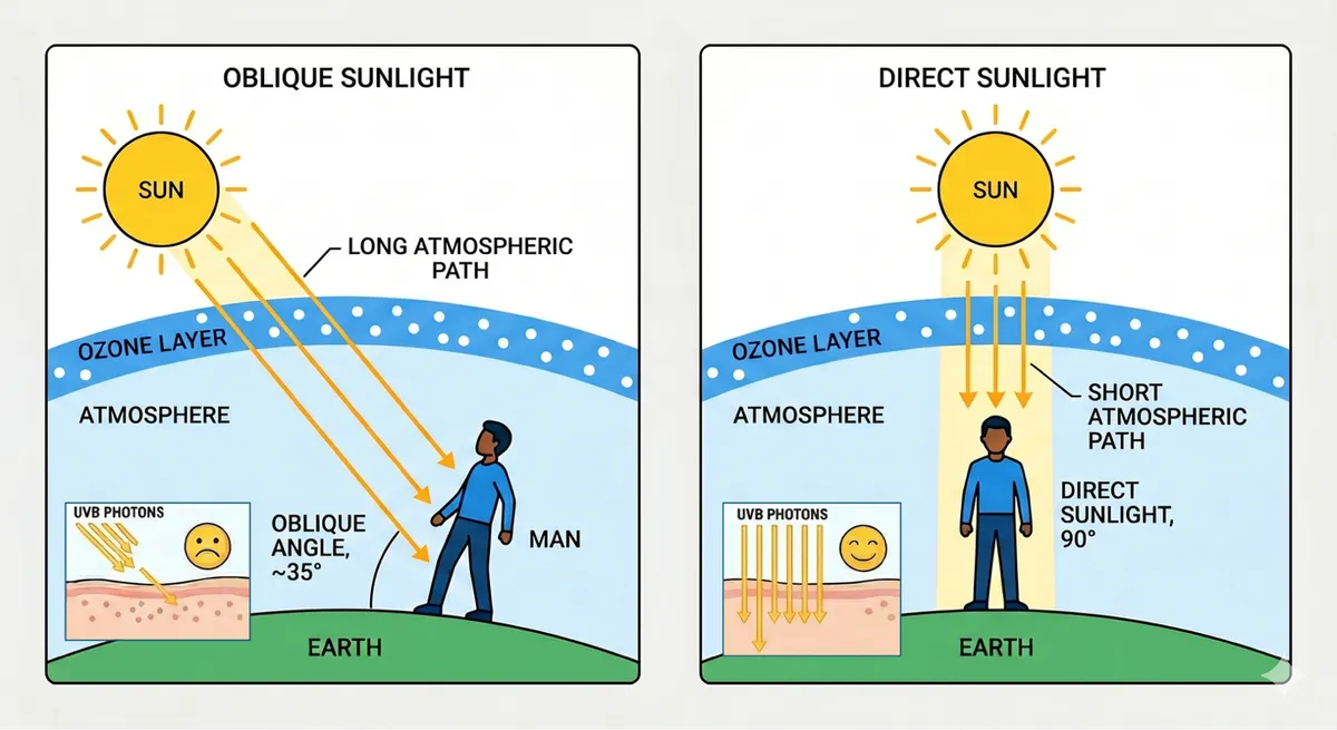 Side-by-side diagram comparing “Oblique Sunlight” and “Direct Sunlight.” On the left, the sun’s rays hit the Earth at an angle (~35°), traveling a longer path through the atmosphere and ozone layer before reaching a person standing on the ground; fewer UVB photons reach the skin (shown with a sad face icon). On the right, the sun’s rays strike straight down (90°), passing through a shorter atmospheric path and delivering more concentrated UVB photons to a person (shown with a happy face icon). Labels indicate the ozone layer, atmosphere, and Earth in both panels.